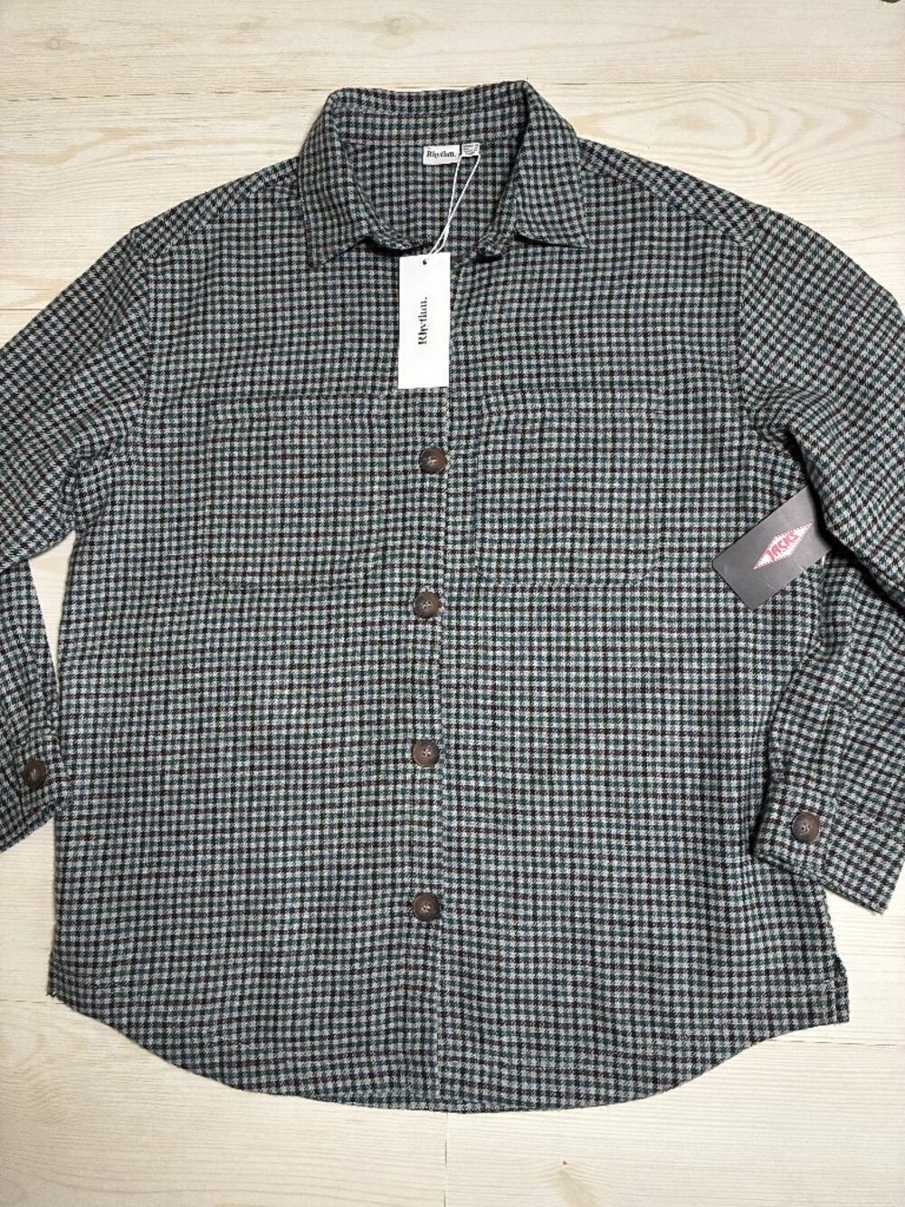 Rhythm Women' Evergreen Shacket Sea Green Houndstooth Plaid Jacket Size 10/M NWT